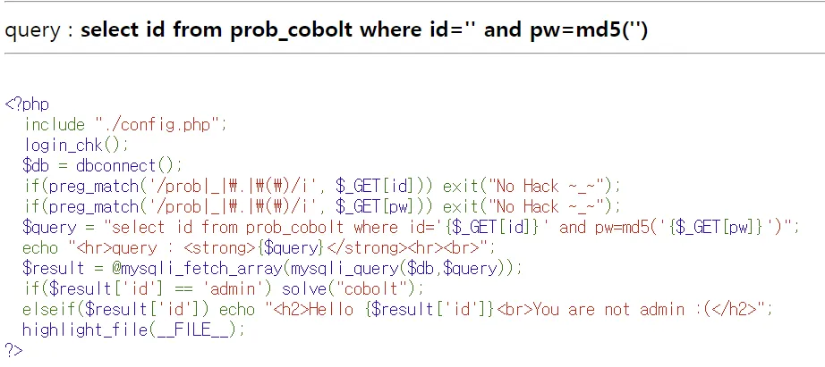 Lord of SQLInjection: cobolt 이미지 1